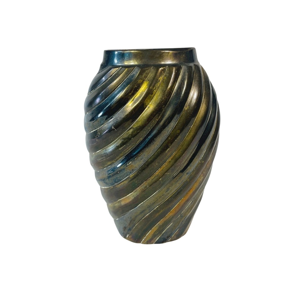 Vtg Wildwood Imports Brass Spiral Ribbed Vase Iridescent Patina Mid Century Boho